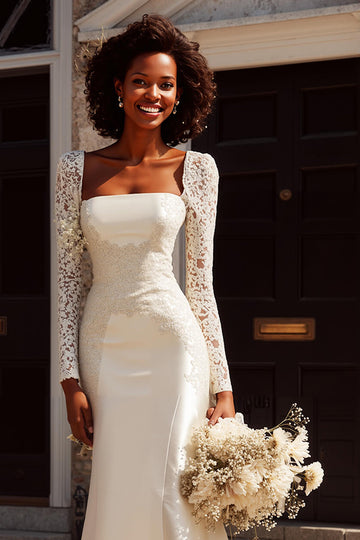 Robe de mariée sirène blanche bateau à manches longues appliquée balayage traîne